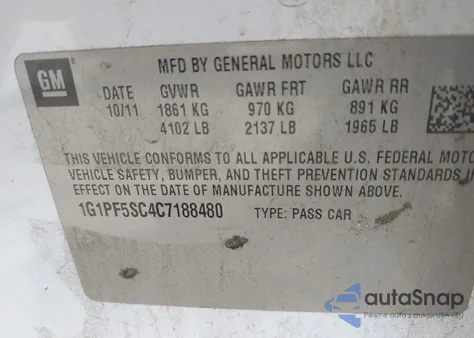 2012 Chevrolet Cruze 1Lt из США, поврежденный, VIN 1G1PF5SC4C7188480